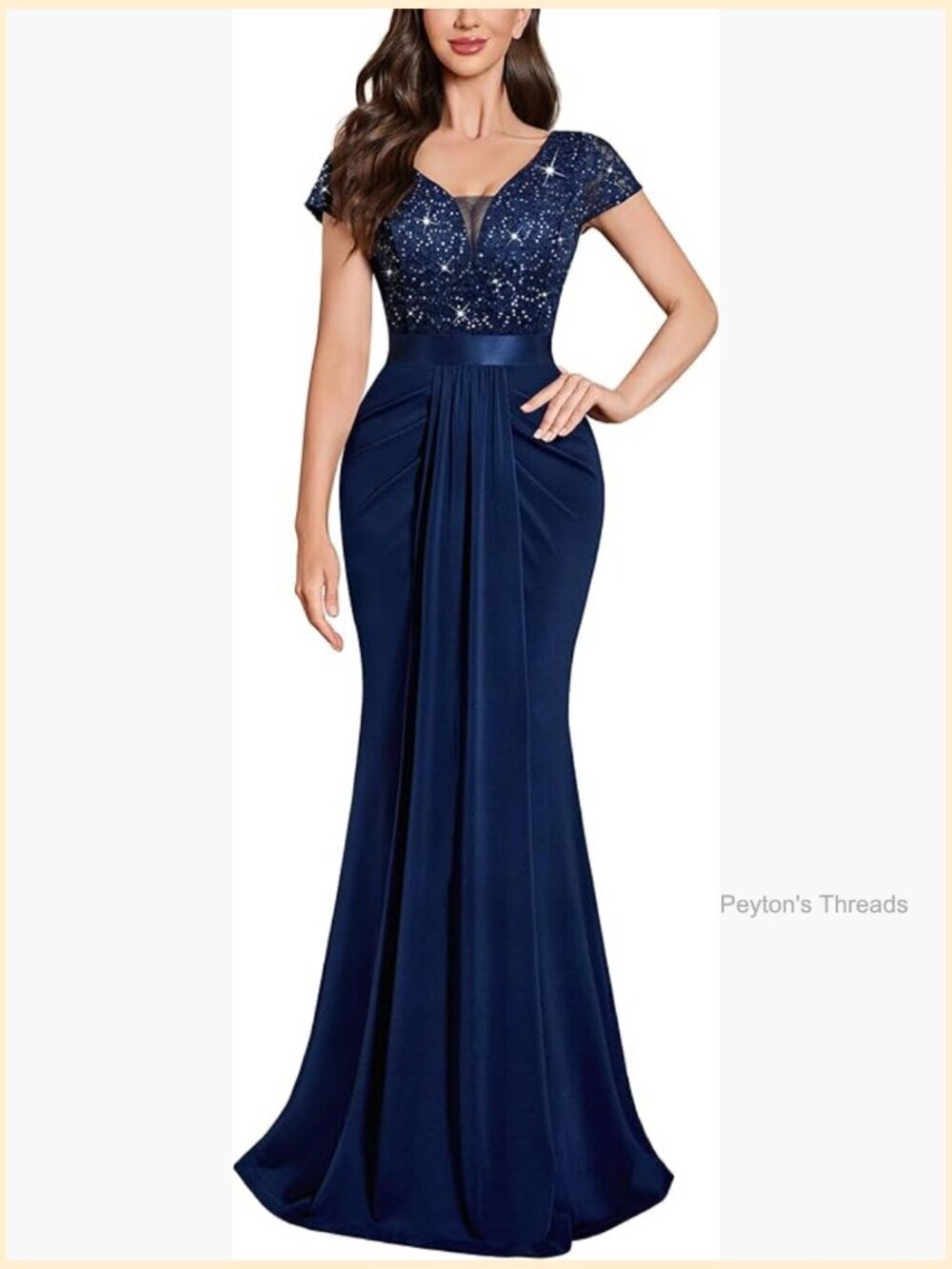 Deep V-Neck Lace Sequin Pleated Formal Maxi Dress